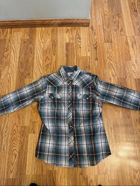 Roper Teal, Brown & White Plaid Button-Down Shirt - Ladies